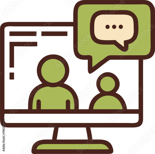 A computer monitor displays a video call with two participants and a chat bubble high quality