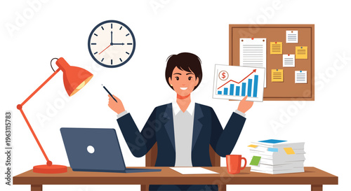 Smiling businesswoman sitting at her office desk presenting a financial report with a growing bar chart and arrow for success and profit.