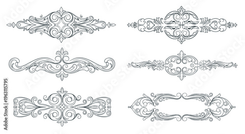Collection of six intricate black and white ornamental scroll designs and headers for elegant document decoration and vintage graphic design.