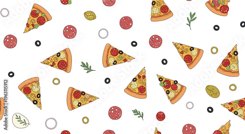 Seamless pattern featuring delicious pizza slices with pepperoni, black olives, and green herbs scattered on a white background for food design.