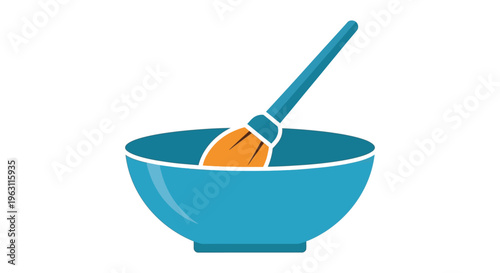 Teal bowl with orange paintbrush in minimalist flat design for art supplies