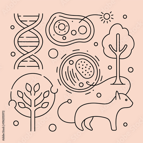 Minimal line of D N A, cells, tree, dog, and plant on peach background