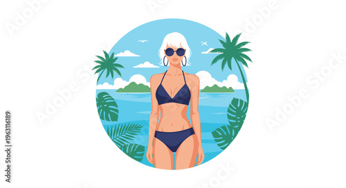 Stylish woman in a blue bikini and sunglasses posing against a beautiful tropical beach backdrop with palm trees and ocean in a circle.