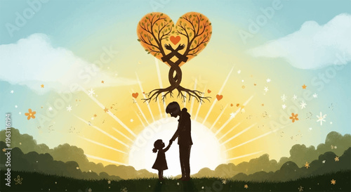 Silhouette of a man and child holding hands under a heart shaped tree at sunset with vibrant sky