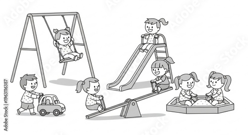 Children play together on swings slide seesaw and sandbox in a lively outdoor playground setting