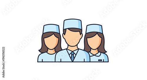 Professional medical team icon depicting three doctors or nurses in light blue uniforms and hats for healthcare and hospital services.