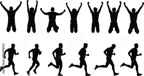 Collection of jumping and running man silhouettes, athlete fitness poses, dynamic motion sequence, active lifestyle and sports training vector illustration set