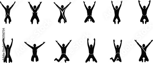 Collection of jumping people silhouettes in various energetic poses isolated on white background representing celebration, happiness, motion, dance and active lifestyle concepts