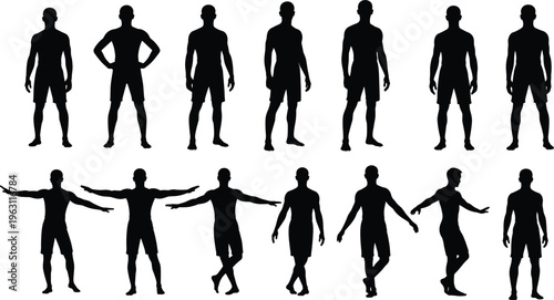Collection of male body silhouettes in different standing poses isolated on white background representing anatomy, posture, fitness and human body shape