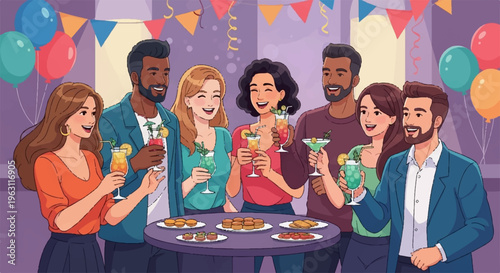 Diverse group of friends enjoying drinks and snacks at a vibrant party with colorful balloons and bunting