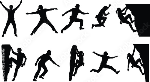 Collection of rock climbing and jumping silhouettes showing dynamic action poses on cliff wall isolated on white background representing adventure and extreme sport