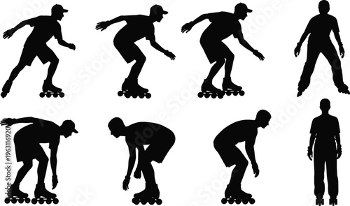 Collection of roller skating silhouettes showing different skating poses isolated on white background representing sport, motion, balance and active lifestyle
