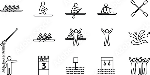 Collection of rowing and water sport icons, kayaking, paddling and race symbols, outdoor activity set, minimal line vector illustration design