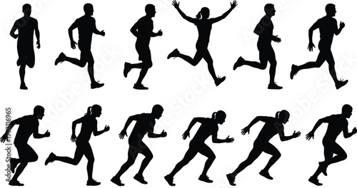 Collection of running athlete silhouettes in different sprinting poses isolated on white background representing speed, motion, fitness and sports activity