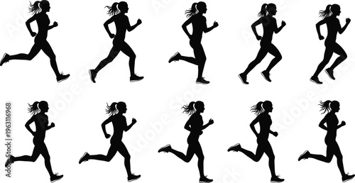 Collection of running girl silhouettes showing jogging and sprinting motion, female athlete stride sequence, fitness training, dynamic movement vector illustration set