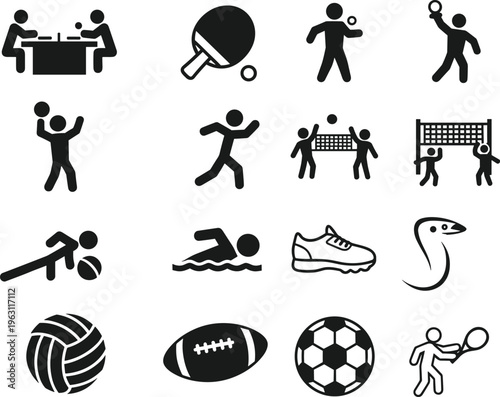 Collection of sports activity icons including table tennis, volleyball, football, swimming and tennis, recreation symbols, fitness lifestyle vector illustration set