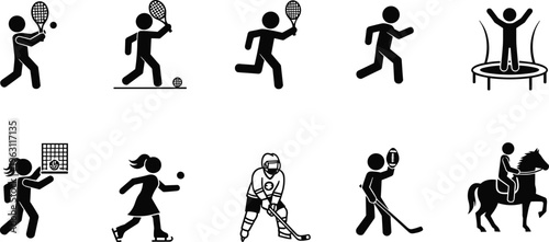 Collection of sports activity icons including tennis, hockey, horse riding and trampoline, athlete symbols, recreation and fitness vector illustration set