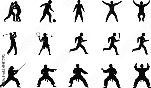 Collection of sports and activity silhouettes including football, tennis, running and martial arts, athlete poses, fitness action vector illustration set