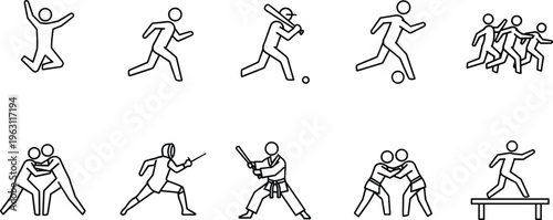 Collection of stick figure silhouettes depicting diverse sports activities including soccer, baseball, martial arts, gymnastics, fencing, wrestling, fitness training