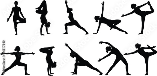 Collection of yoga and flexibility exercise silhouettes showing balance, stretching and advanced poses isolated on white background representing wellness and fitness