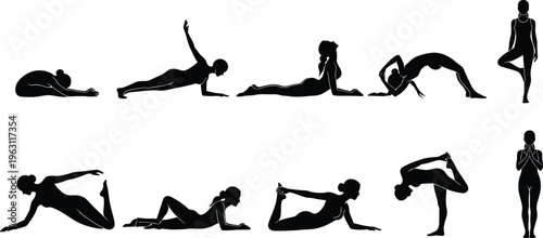 Collection of yoga poses silhouettes showing stretching, balance and flexibility exercises isolated on white background representing wellness, fitness and healthy lifestyle