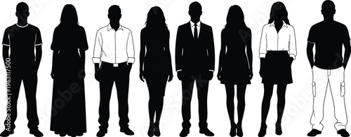 Diverse people silhouette collection showing men and women in casual and formal outfits, ideal for social, business, and lifestyle design concepts