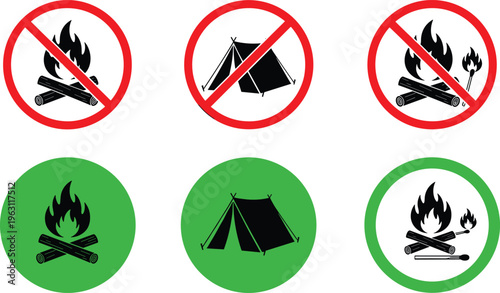 Camping and campfire allowed and prohibited sign icon set with fire and tent symbols, outdoor safety signage collection vector isolated on white background