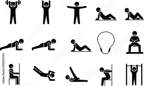 Fitness exercise icons set featuring push ups sit ups weightlifting stretching and gym workout activities vector illustration isolated on white background