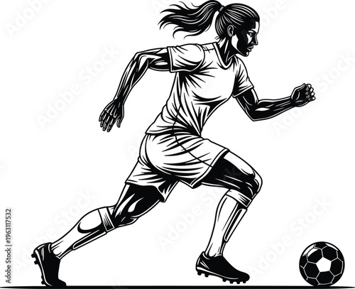 Female soccer player running with ball illustration isolated on white background representing football sport, action, motion and athletic performance concept