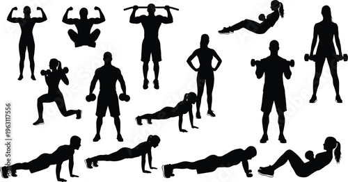 Fitness training silhouettes set featuring push ups squats weightlifting and core exercises dynamic workout poses vector illustration isolated on white background