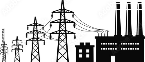 Electric power transmission towers connected to industrial factory, energy infrastructure and electricity distribution concept illustration isolated on light background