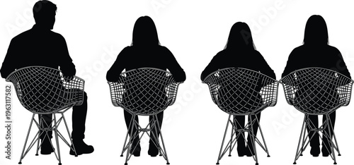 eated people silhouette set from back view on modern wire chairs isolated on light background, human sitting figures for interior and lifestyle design