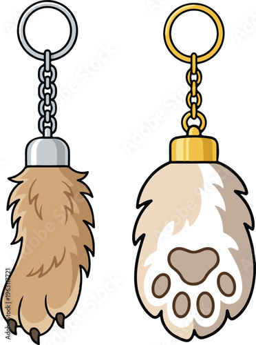 Vector illustration of two furry animal paw keychains, one with a natural brown fur texture and the other with a light beige paw-pad design.