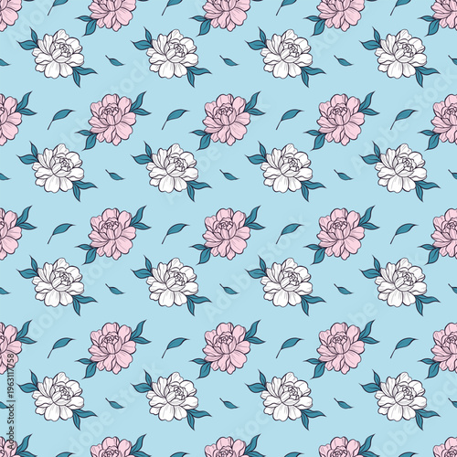 Seamless Floral Pattern with Hand-Drawn Peonies and Botanical Leaves, Vintage Aesthetic Surface Design for Textile and Wallpaper