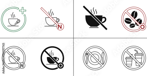 Coffee allowed and prohibited sign icon set with no caffeine, no hot drinks, and food restriction symbols, cafe policy signage vector isolated on white background