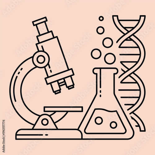 Minimal line of microscope beaker and D N A helix on peach background DNA helix laboratory science