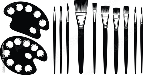 Artist tools silhouettes set with paint brushes and palettes, creative art equipment illustration isolated on white background for painting, design and hobby concept