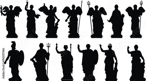 Ancient statue silhouettes collection with mythological figures, classical sculptures set, historical art icons, antique monument designs, cultural heritage illustration isolated on white background