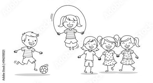 Children playing outside kids jumping rope and kicking soccer ball happy friends laughing together in park
