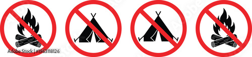 No campfire and no camping sign icon set with prohibited fire and tent symbols, outdoor safety restriction signage collection vector isolated on white background