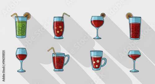 Eight glasses of various alcoholic drinks with straws and ice on white background with shadows