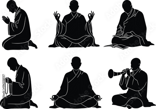 Buddhist monk silhouettes set in meditation, prayer, chanting and study poses, spiritual practice illustration isolated on white background for religion and mindfulness concept