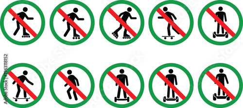 No skating and no scooter sign icon set with skateboard, rollerblade and kick scooter symbols, prohibition safety signage collection vector isolated on white background