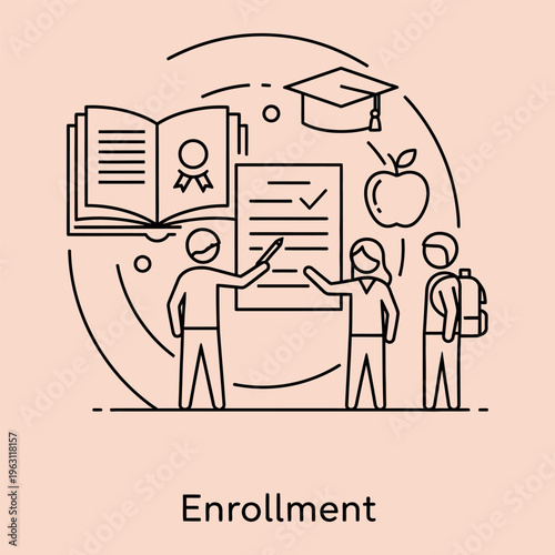 Minimal line of people enrolling in school with education enrollment line minimal people students