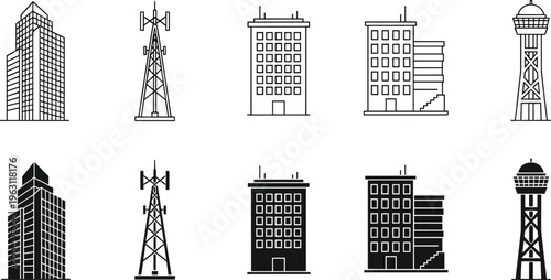 Building and telecommunication tower icon set with outline and silhouette city infrastructure elements isolated on light background for urban architecture design