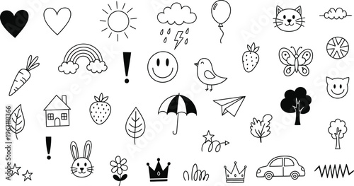 A large collection of simple black and white line art doodles featuring various objects, nature elements, and cute animal faces.