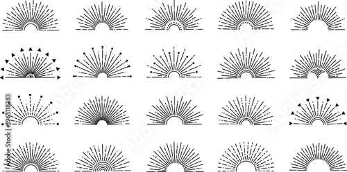 A large collection of vintage sunburst vector elements in black and white line art style, perfect for graphic design projects and decorative purposes.