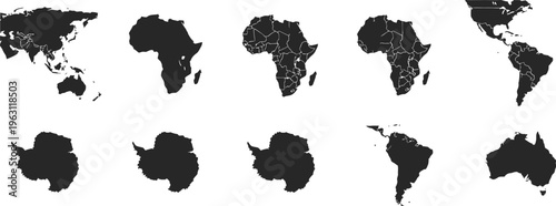 Black and white world maps with country borders