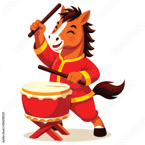 A horse character in traditional chinese dress playing a drum for chinese new year.