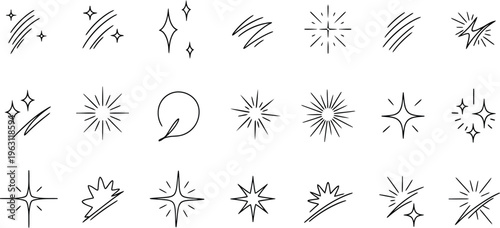 A collection of hand-drawn sparkle icons and starburst elements in black line art on a clean white background.